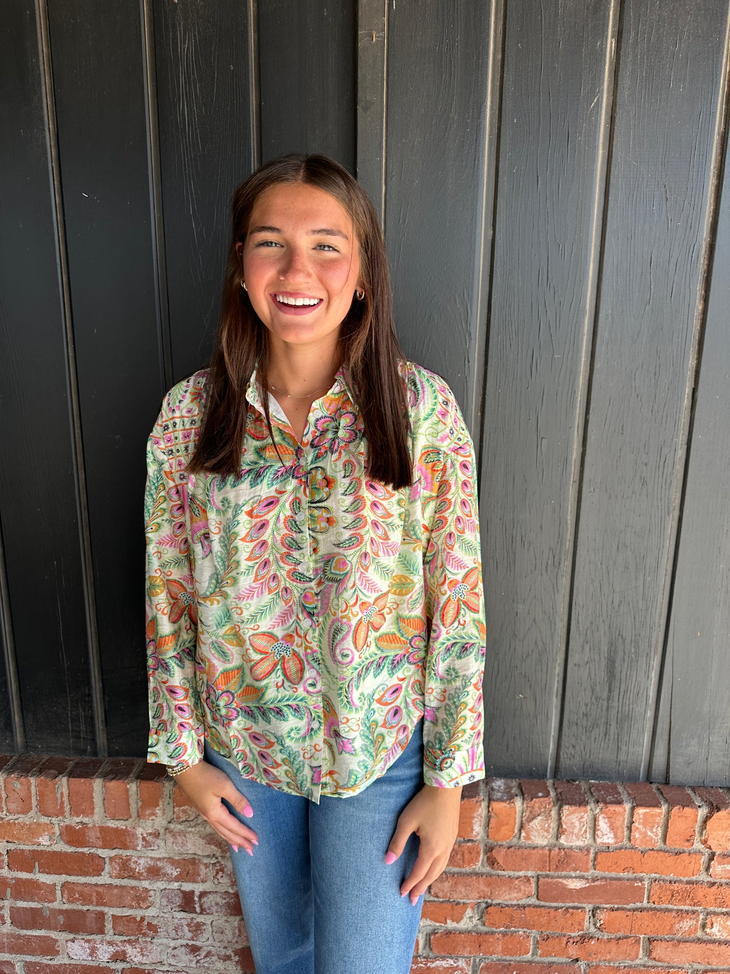 The Kaylie Ivory Multi Color Button down top