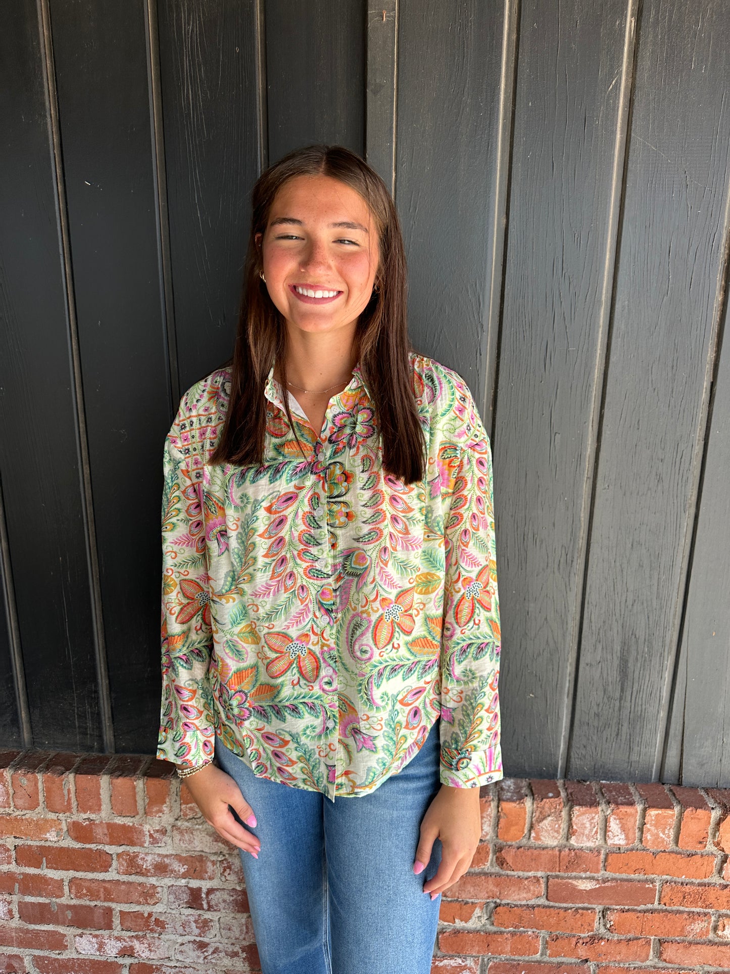 The Kaylie Ivory Multi Color Button down top
