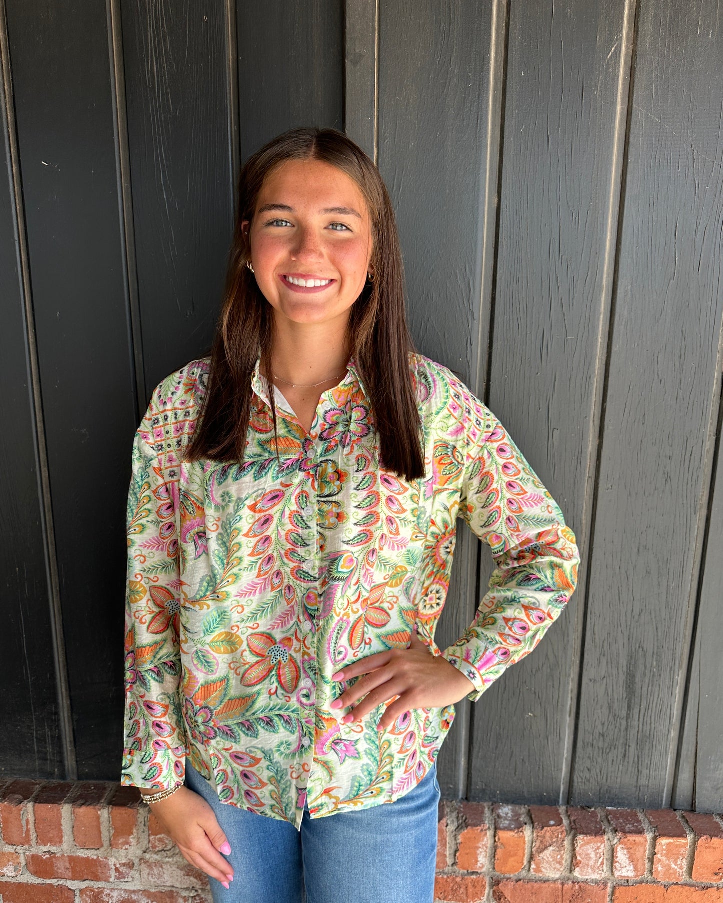 The Kaylie Ivory Multi Color Button down top
