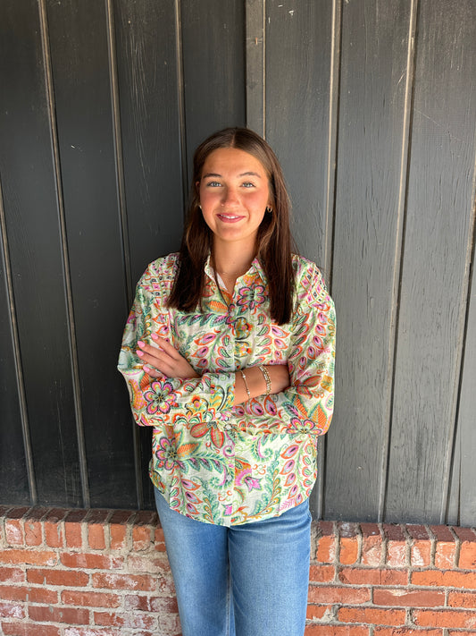 The Kaylie Ivory Multi Color Button down top