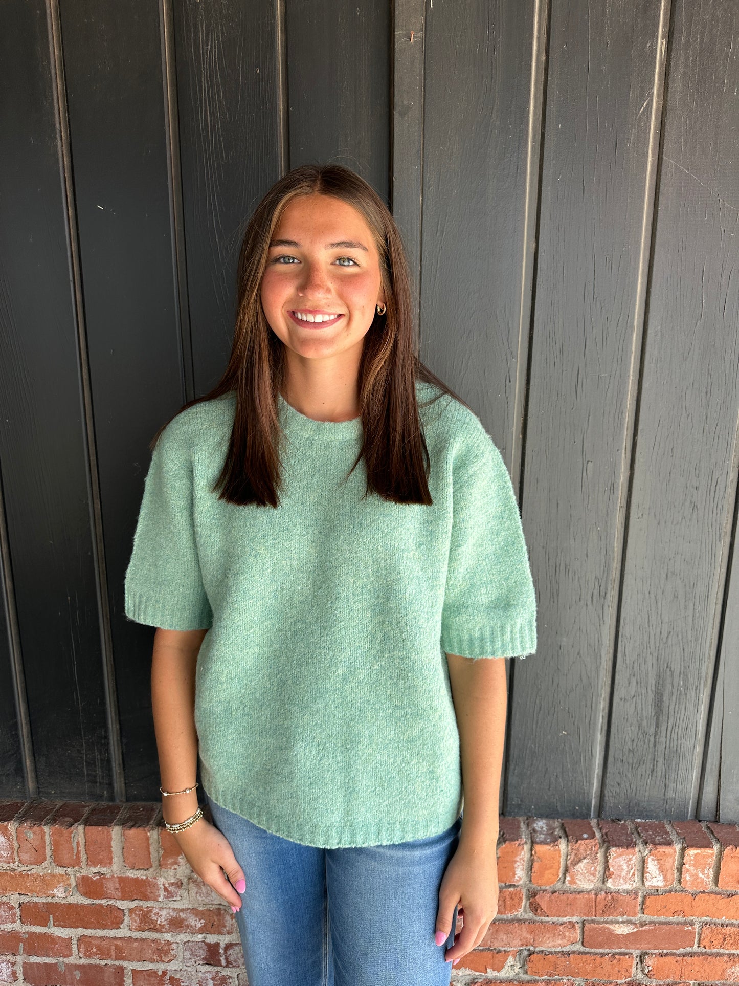 Mint Blue fuzzy textured knit sweater
