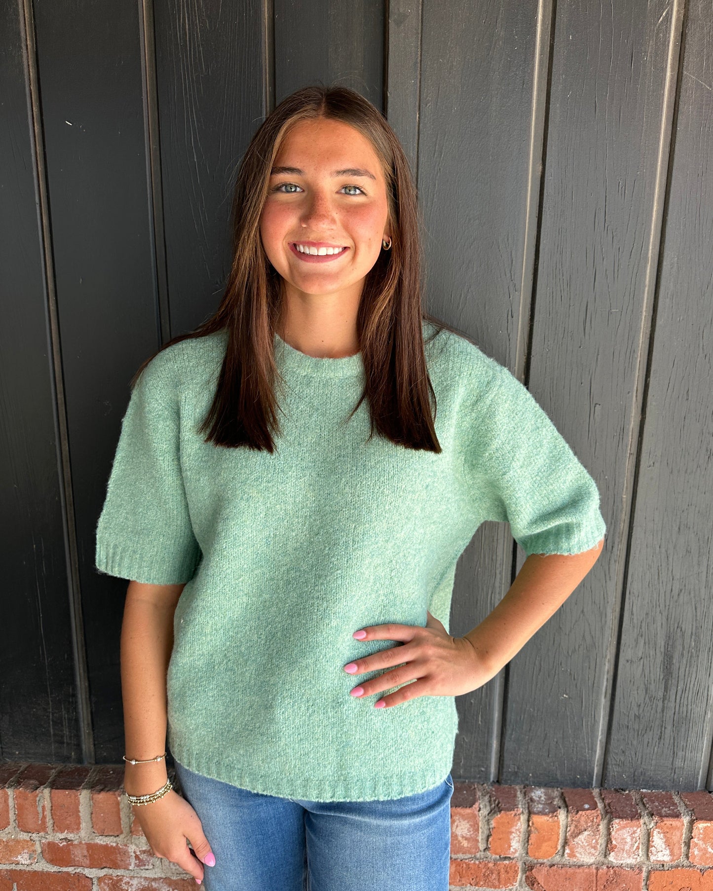 Mint Blue fuzzy textured knit sweater