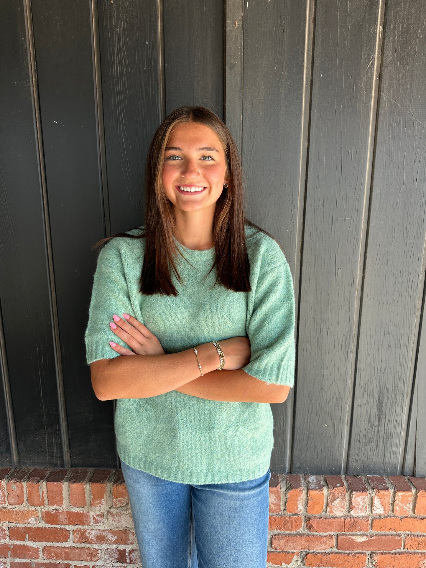 Mint Blue fuzzy textured knit sweater
