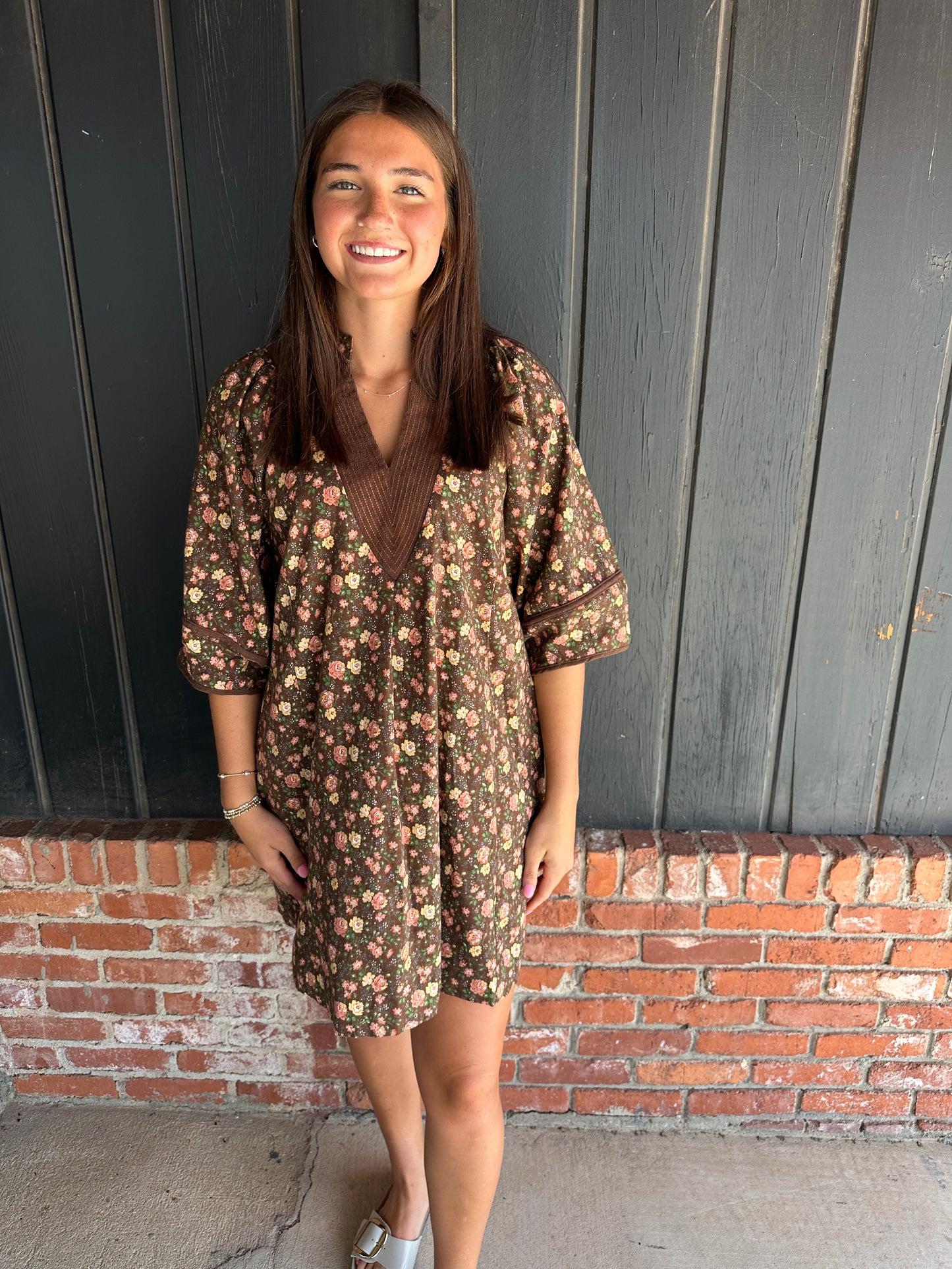Brown Floral Cord Dress