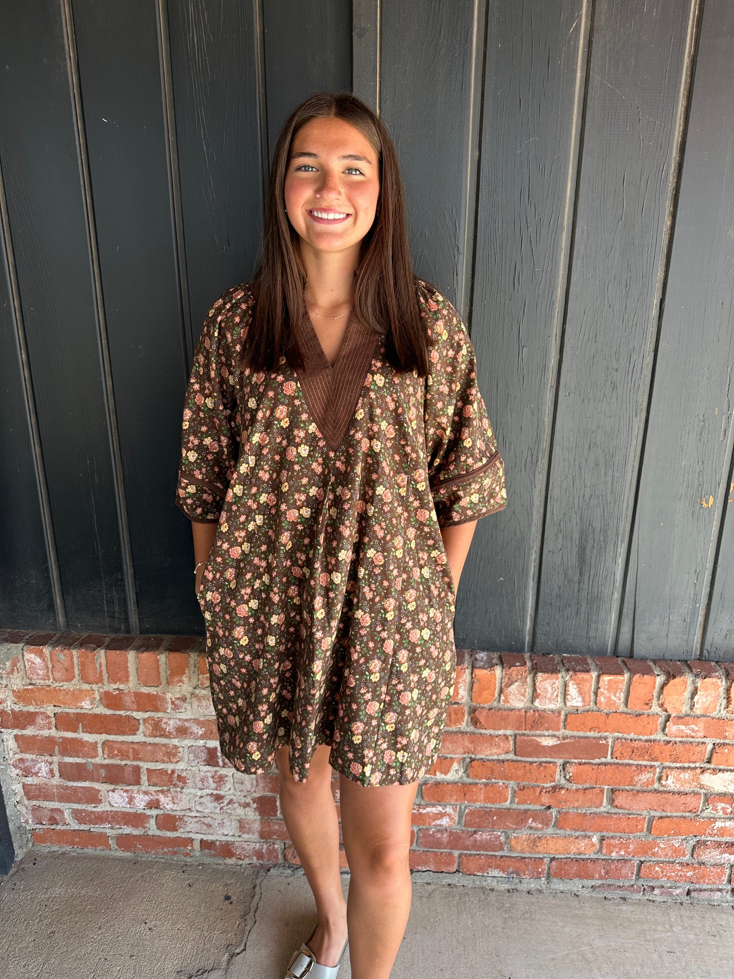 Brown Floral Cord Dress