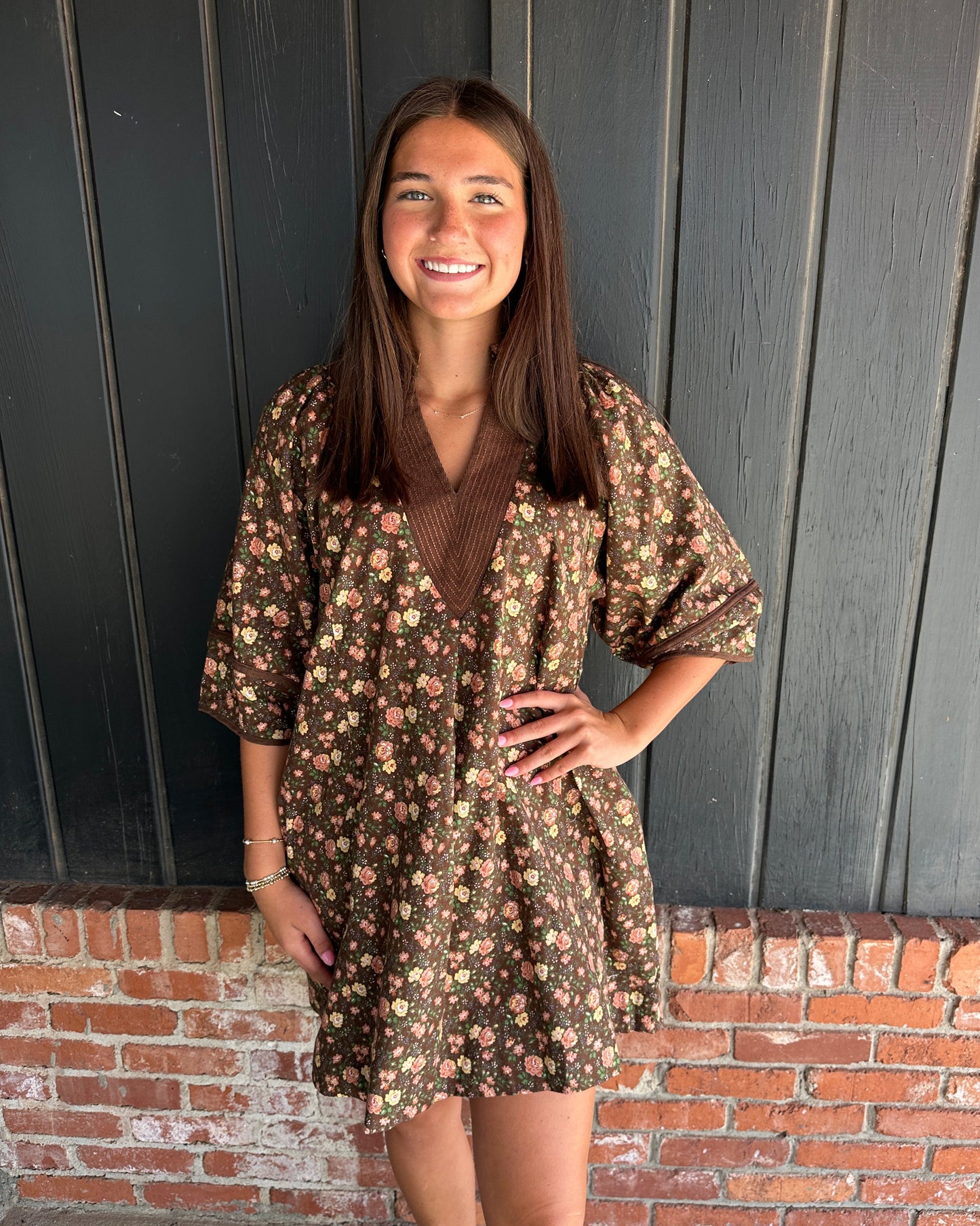 Brown Floral Cord Dress