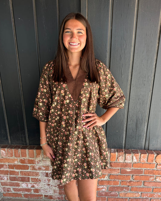 Brown Floral Cord Dress