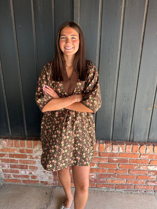 Brown Floral Cord Dress
