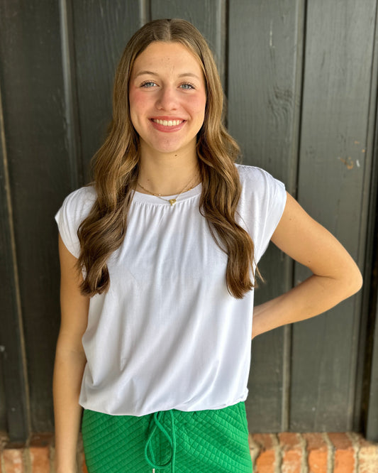 White Rouched Shoulder Jersey Top