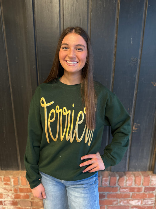 Hunter Green Crewneck Gold Script Terriers