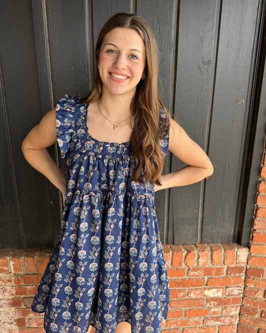 Navy Floral Ruffle Detail Mini Dress