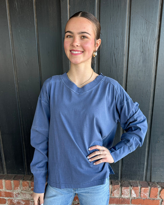 Navy Pigment Washed Cotton V-Neck Top