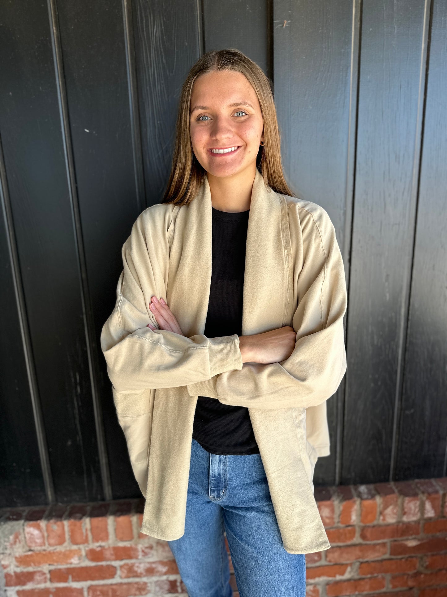 Natural French Draped Cardigan with Pockets