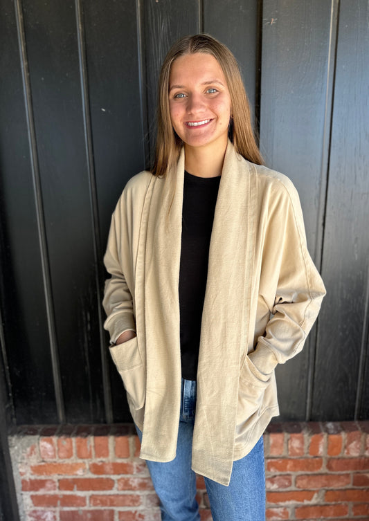 Natural French Draped Cardigan with Pockets