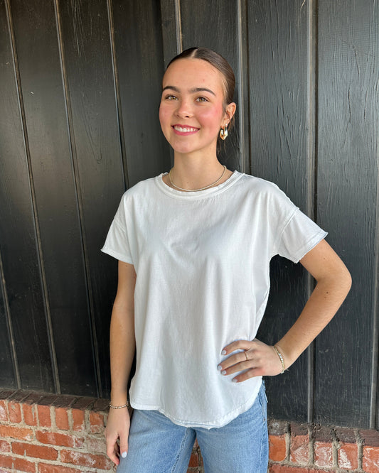 White Round Neck Short Sleeve Exposed Seam Knit Top