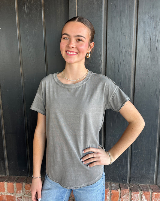 Grey Round Neck Short Sleeve Exposed Seam Knit Top