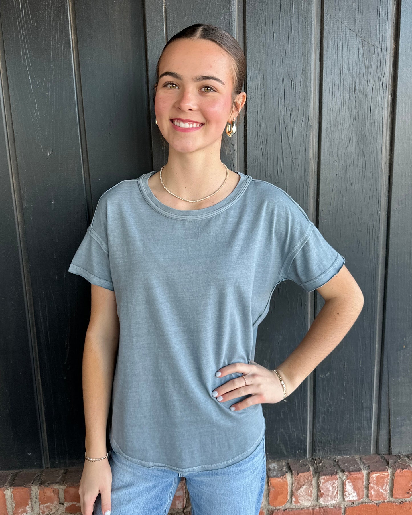 Dusty Blue Round Neck Short Sleeve Exposed Seam Knit Top