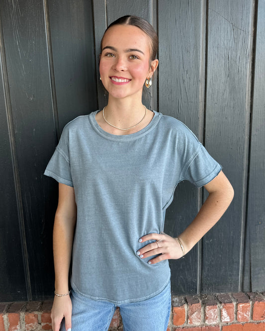 Dusty Blue Round Neck Short Sleeve Exposed Seam Knit Top