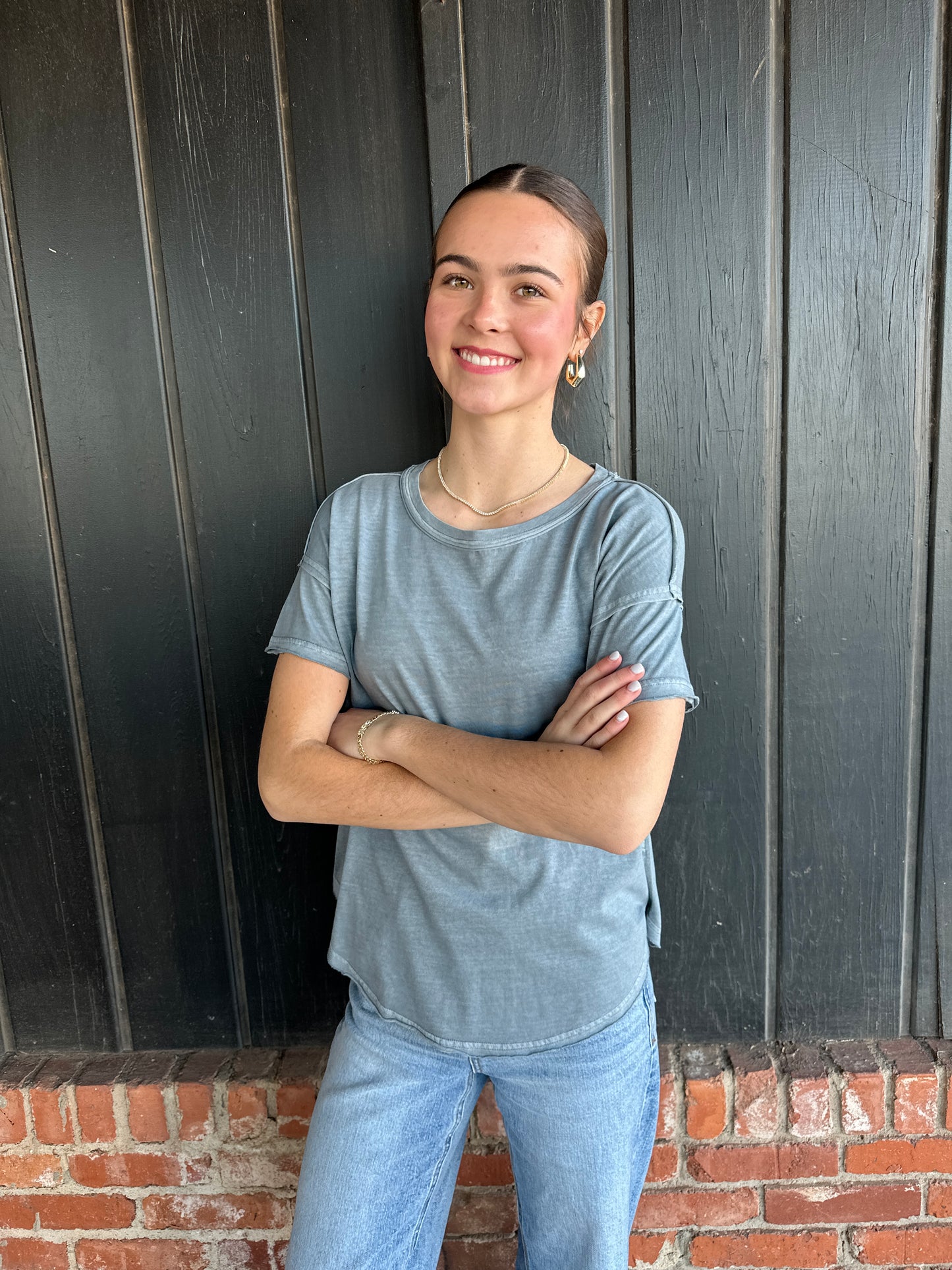 Dusty Blue Round Neck Short Sleeve Exposed Seam Knit Top