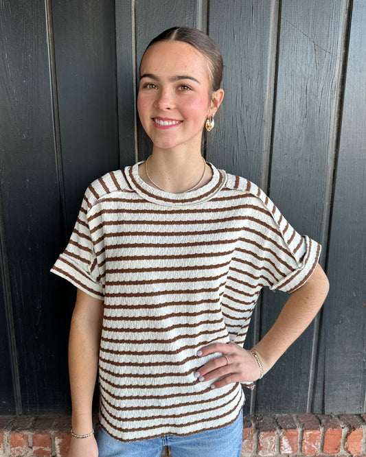 Brown Stripe Round Neck Tee