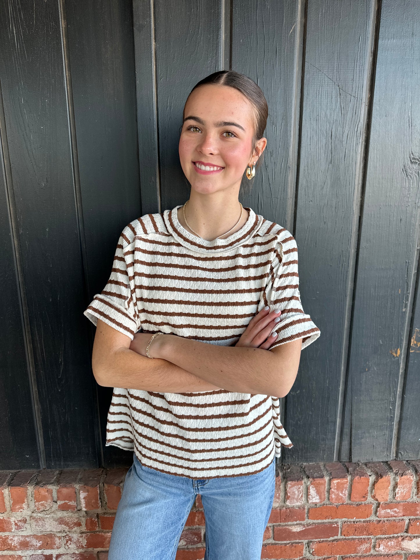 Brown Stripe Round Neck Tee