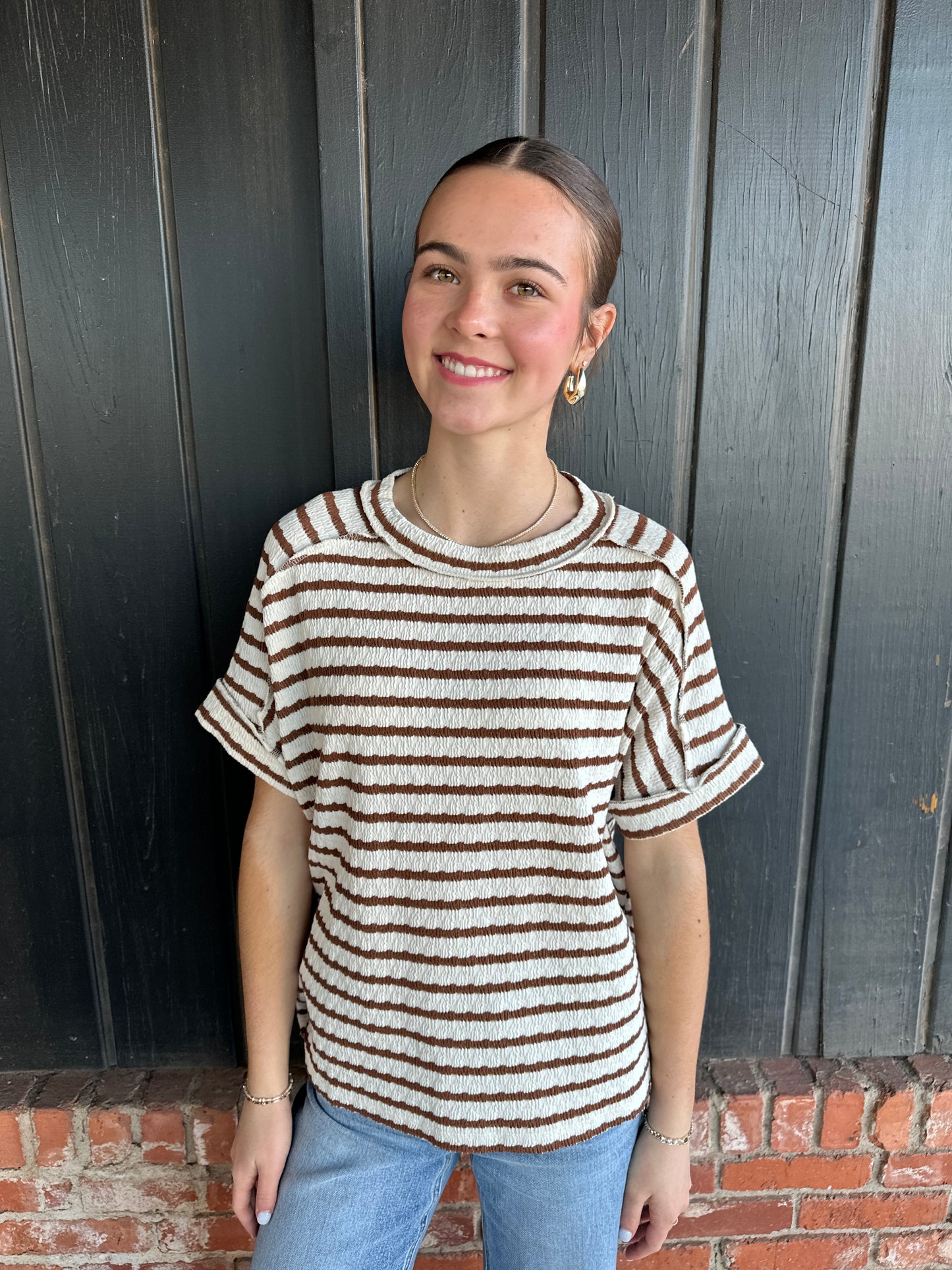 Brown Stripe Round Neck Tee