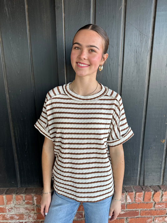 Brown Stripe Round Neck Tee