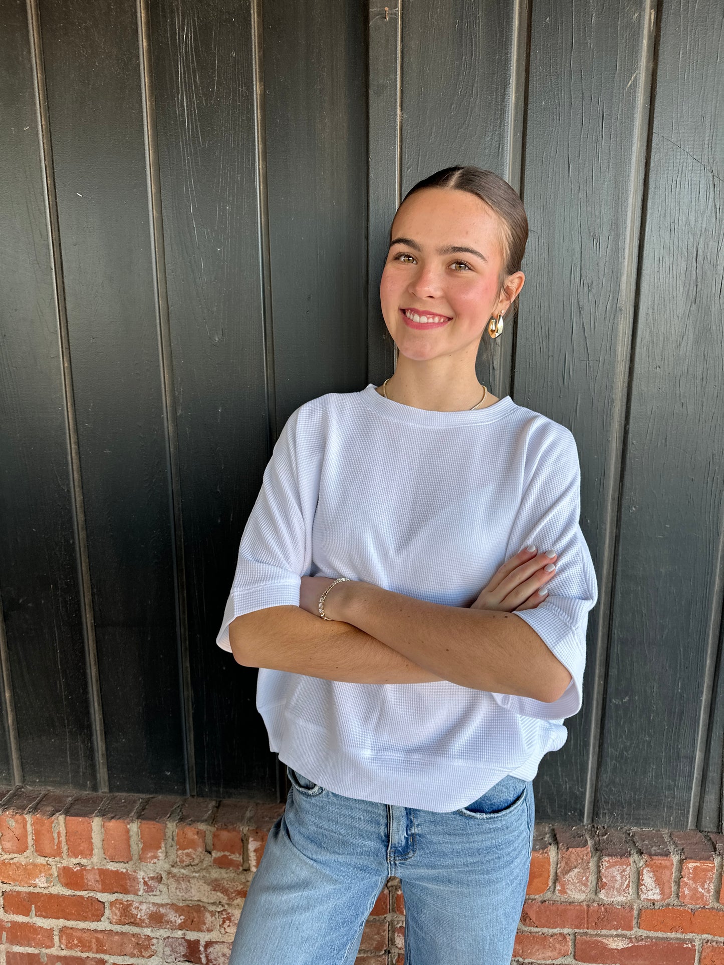White Double Knit Short Sleeve Top