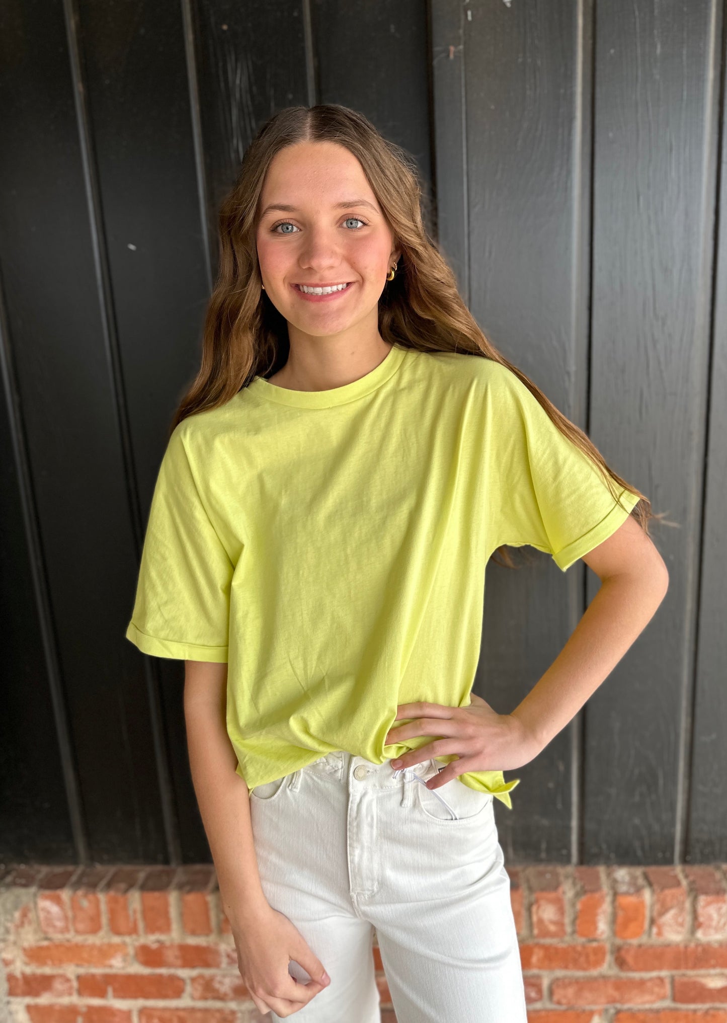 Neon Yellow Crew Neck Rolls Short Sleeve Cotton Top