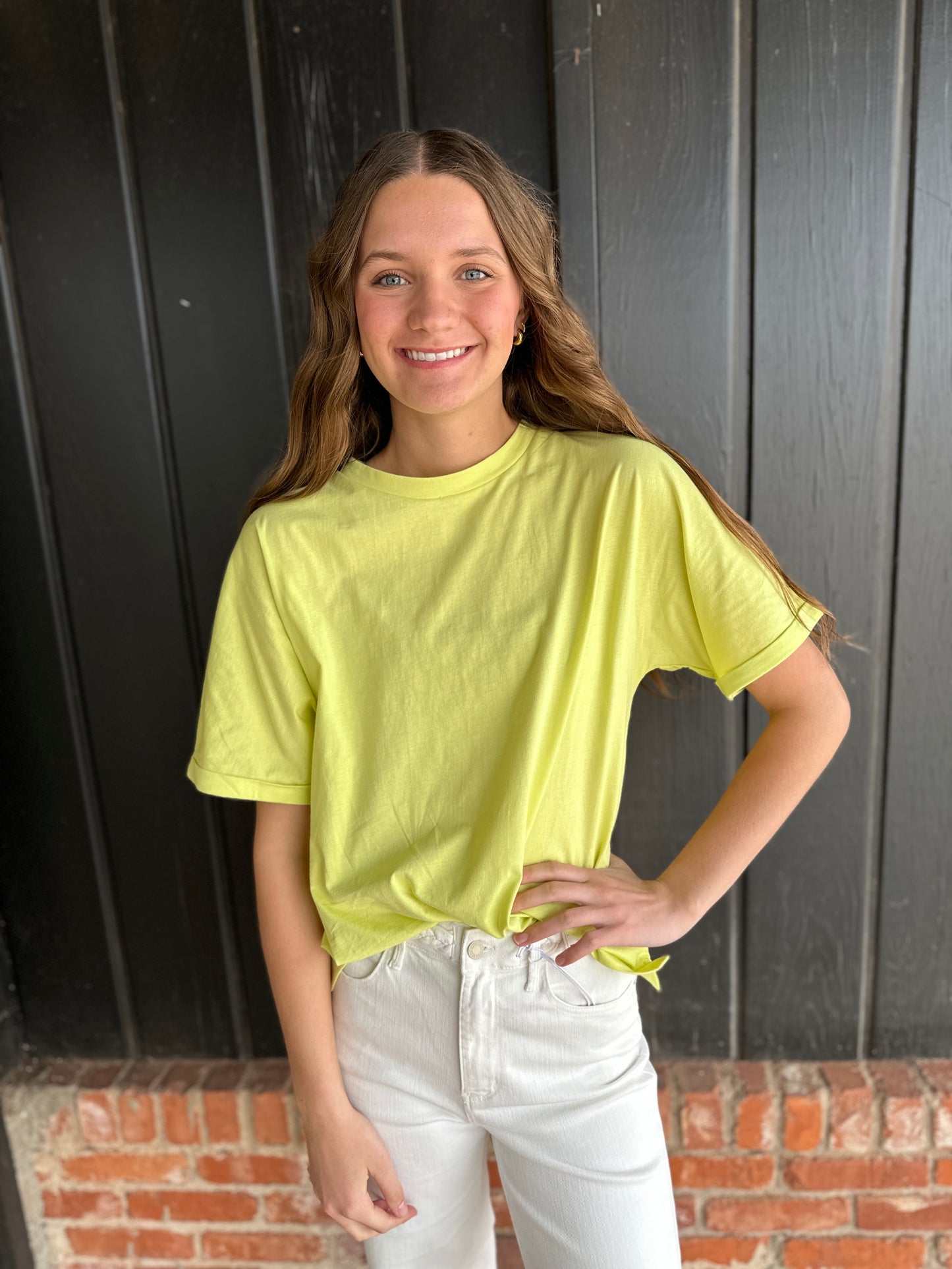 Neon Yellow Crew Neck Rolls Short Sleeve Cotton Top