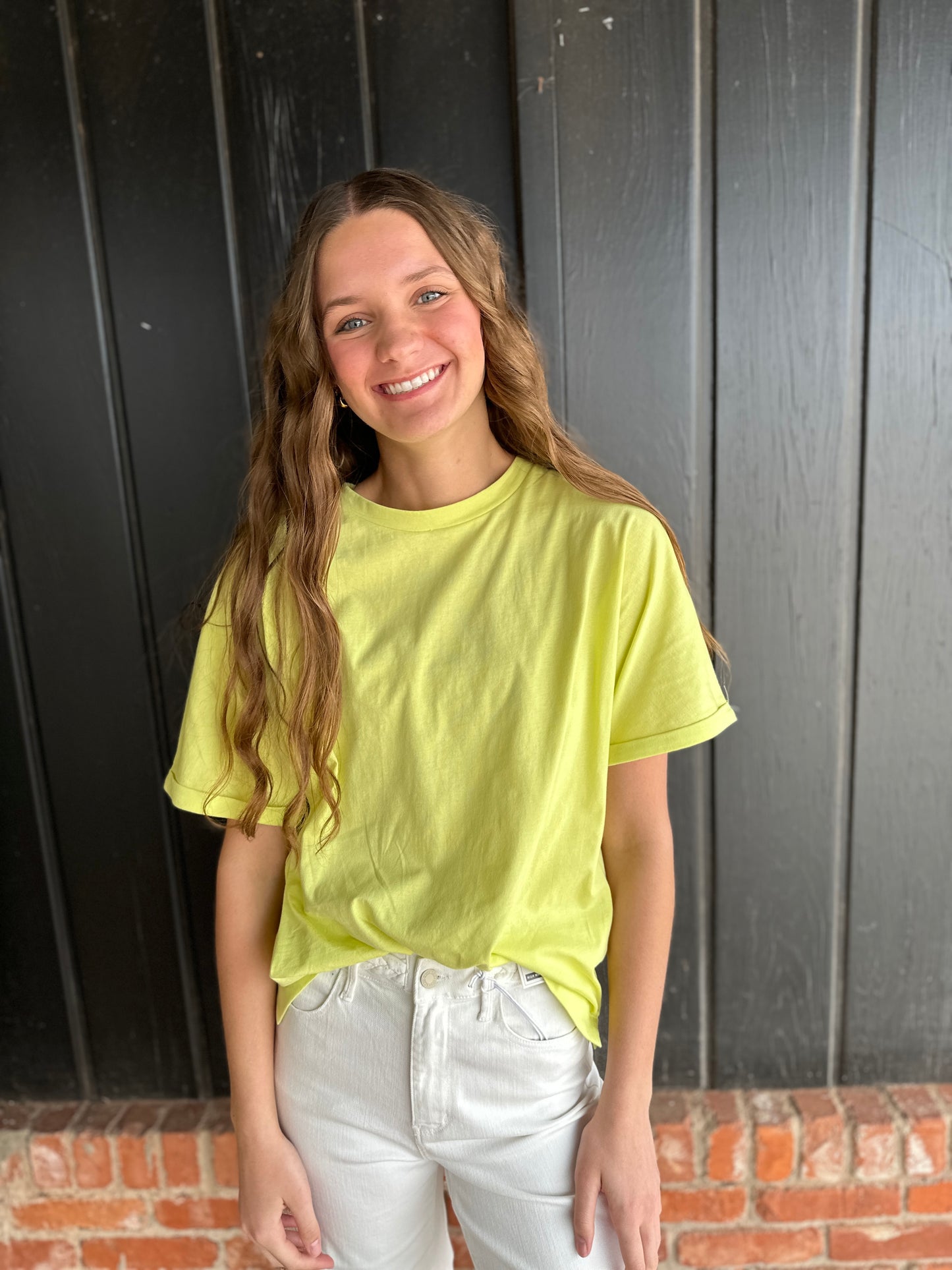 Neon Yellow Crew Neck Rolls Short Sleeve Cotton Top