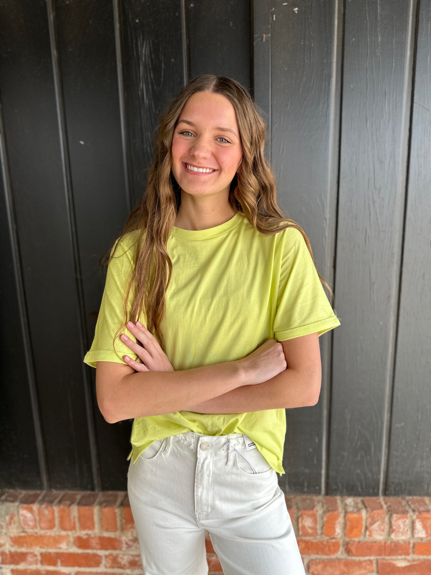 Neon Yellow Crew Neck Rolls Short Sleeve Cotton Top