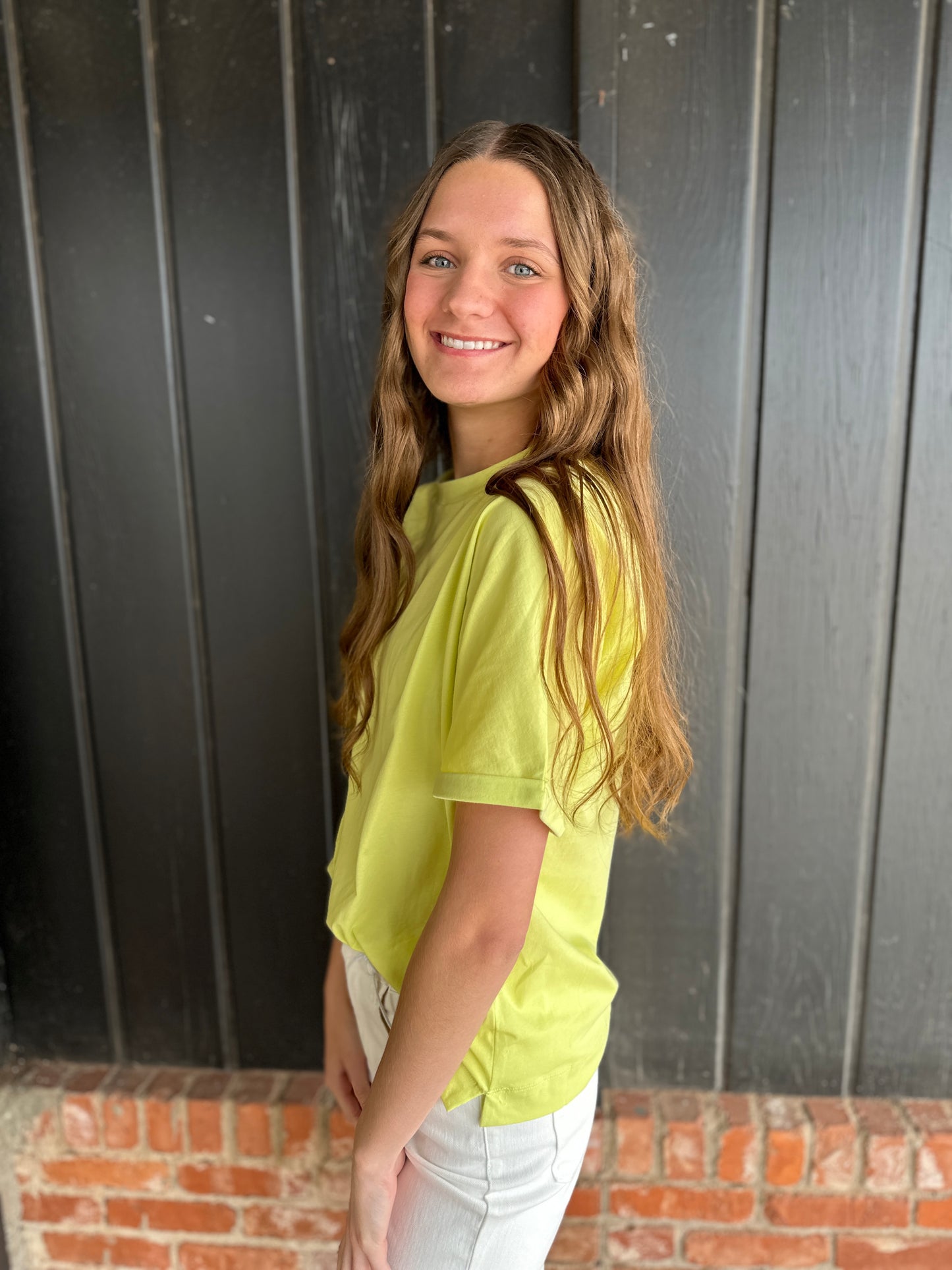 Neon Yellow Crew Neck Rolls Short Sleeve Cotton Top