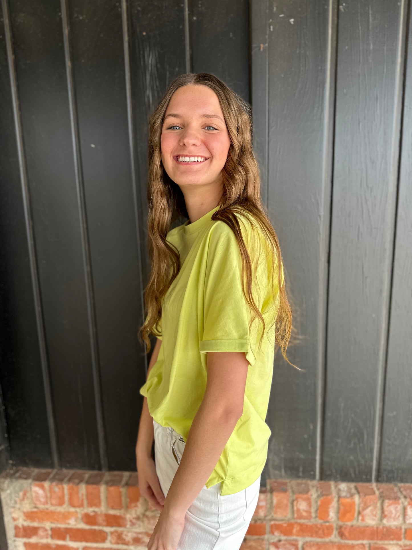 Neon Yellow Crew Neck Rolls Short Sleeve Cotton Top