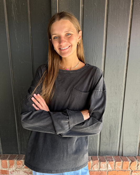 Black Oversized Washed Long Sleeve Pocket Tee