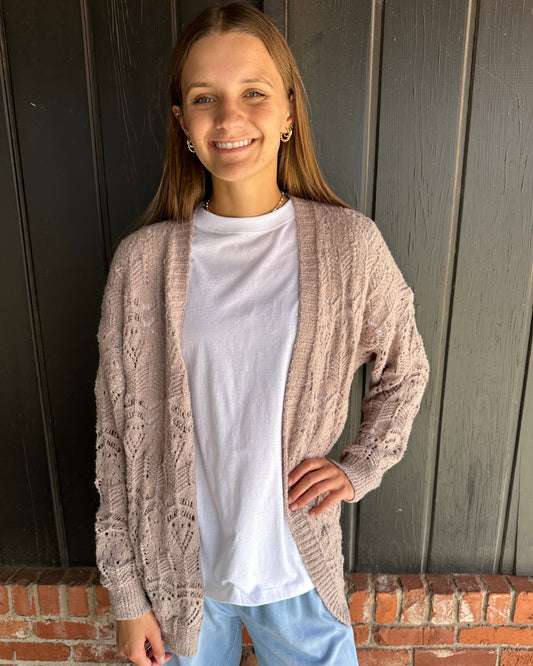 Mocha Crochet Open Front Cardigan