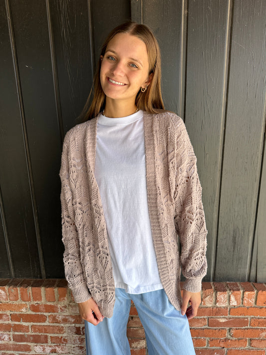 Mocha Crochet Open Front Cardigan