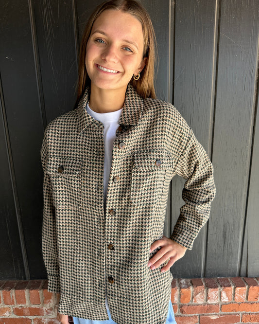 Green Houndstooth Button Down Shacket