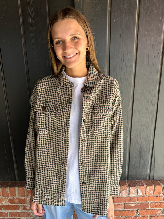 Green Houndstooth Button Down Shacket