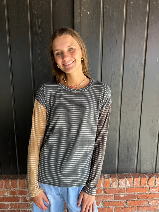 Striped Color Block Crew Neck Knit Top