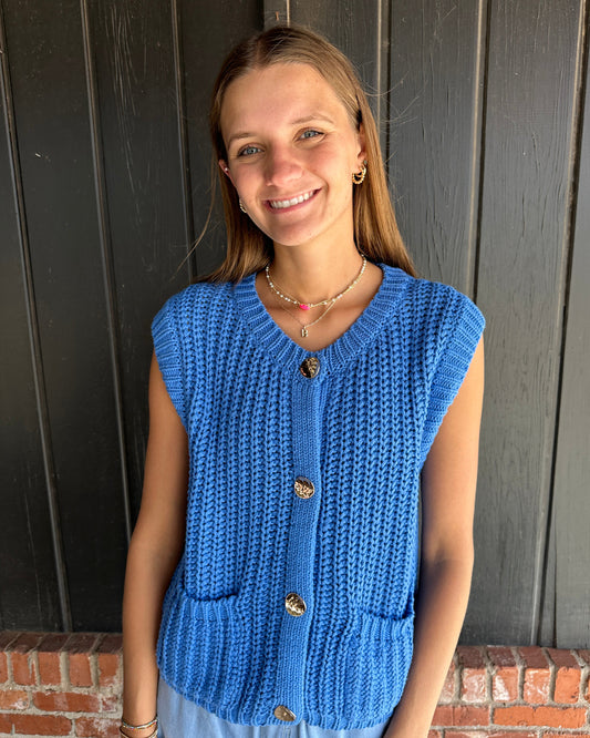 Blue Sweater Vest with Pockets
