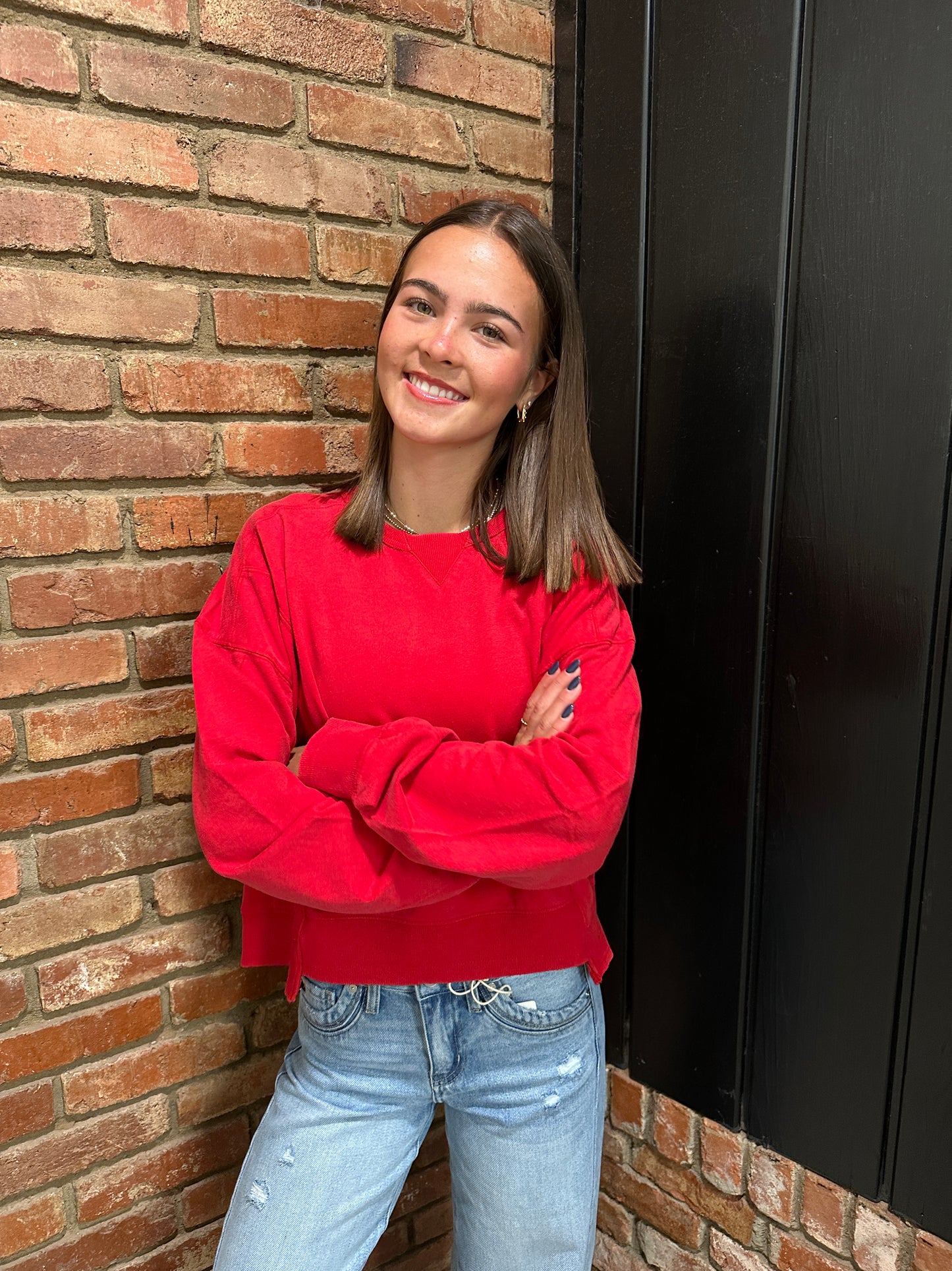 Red Acid Wash Seam Detail Crew Neck Sweatshirt
