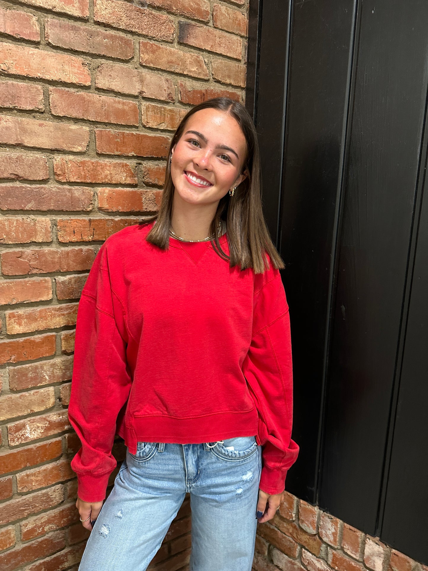 Red Acid Wash Seam Detail Crew Neck Sweatshirt