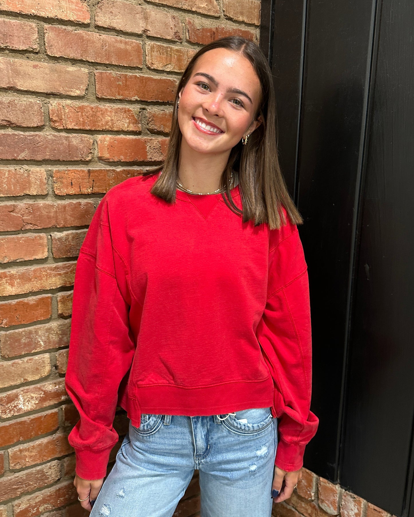 Red Acid Wash Seam Detail Crew Neck Sweatshirt