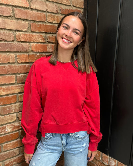 Red Acid Wash Seam Detail Crew Neck Sweatshirt