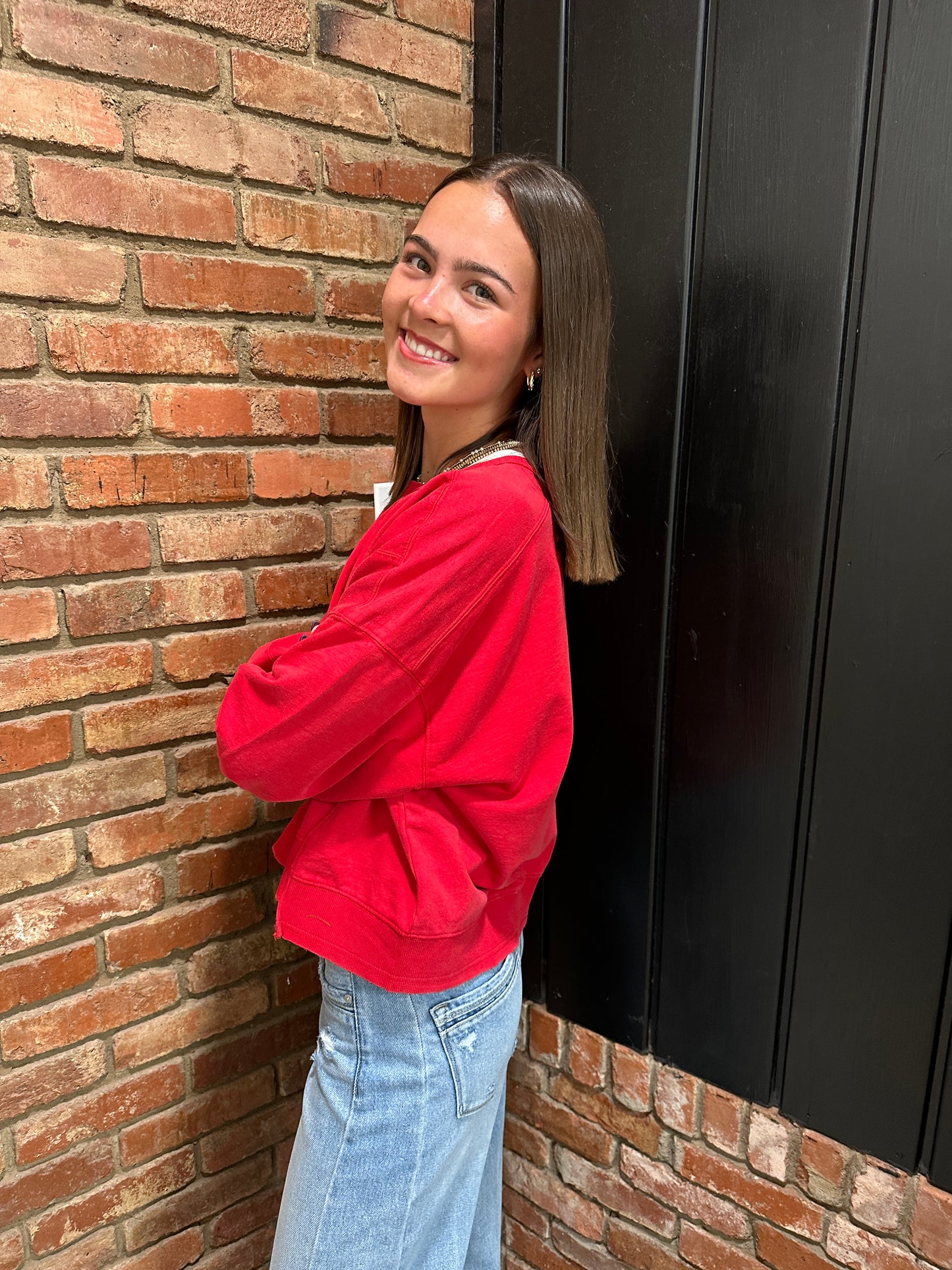 Red Acid Wash Seam Detail Crew Neck Sweatshirt