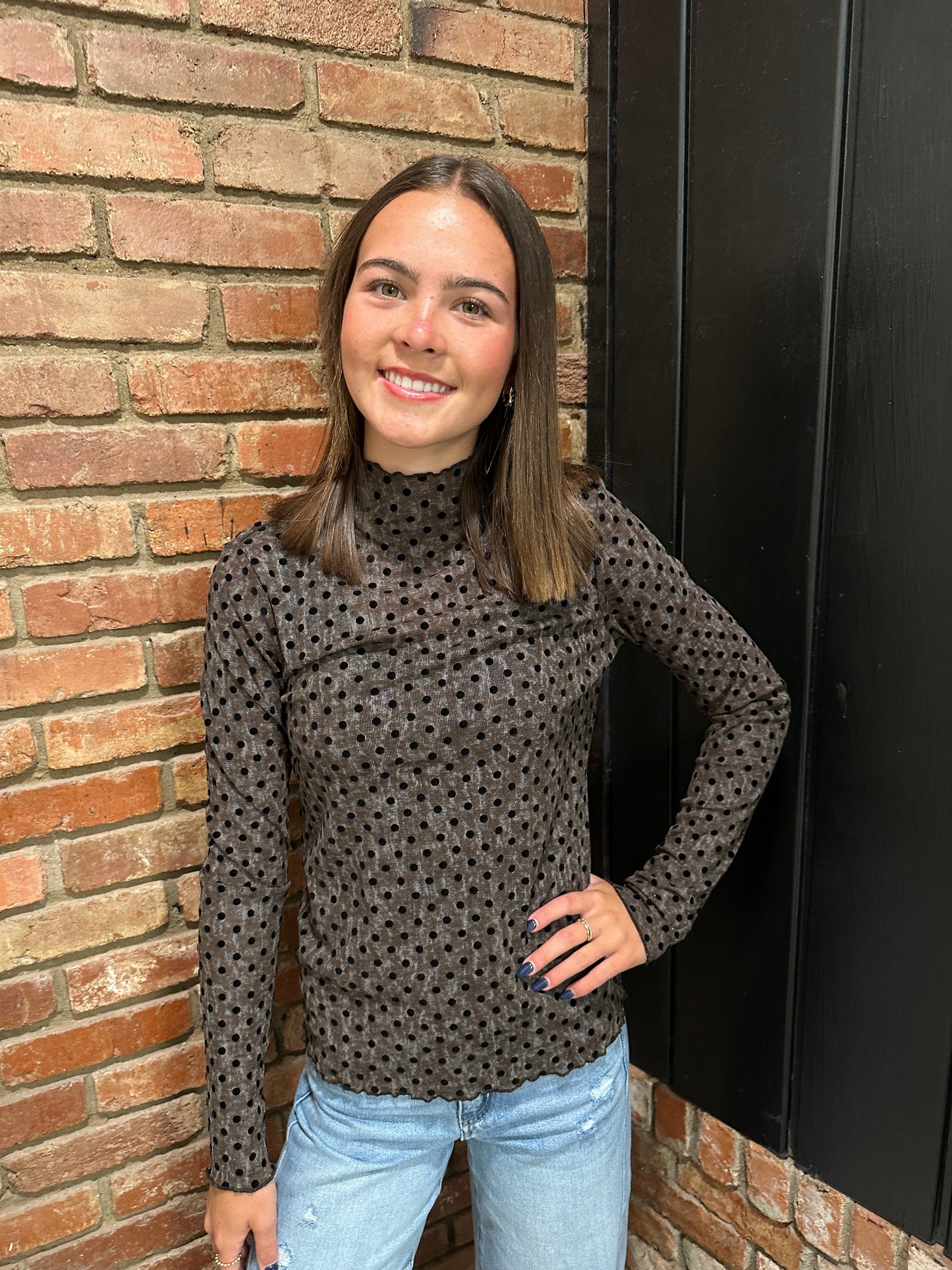 Polka Dot Mock Neck Long Sleeve Top