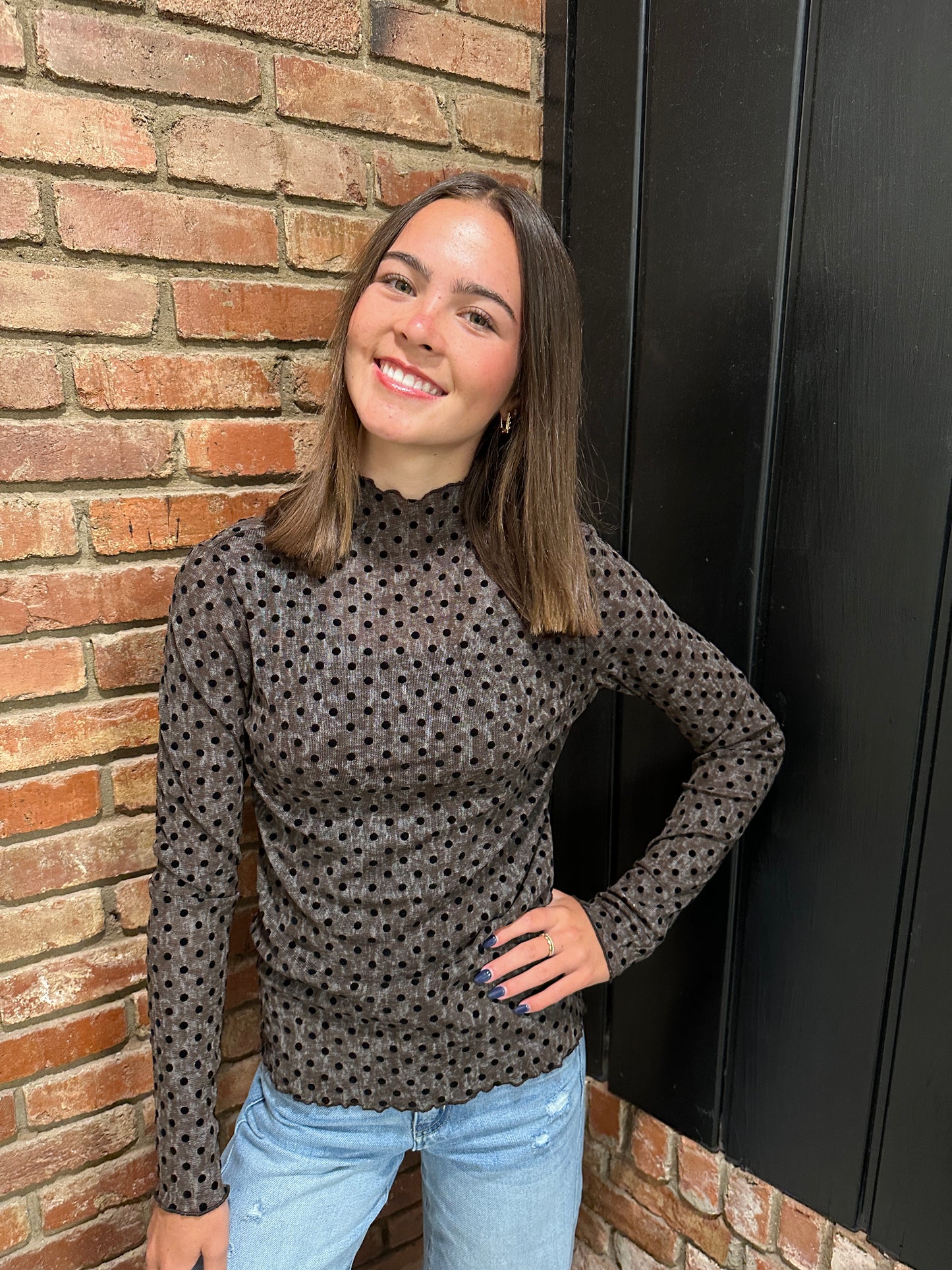Polka Dot Mock Neck Long Sleeve Top