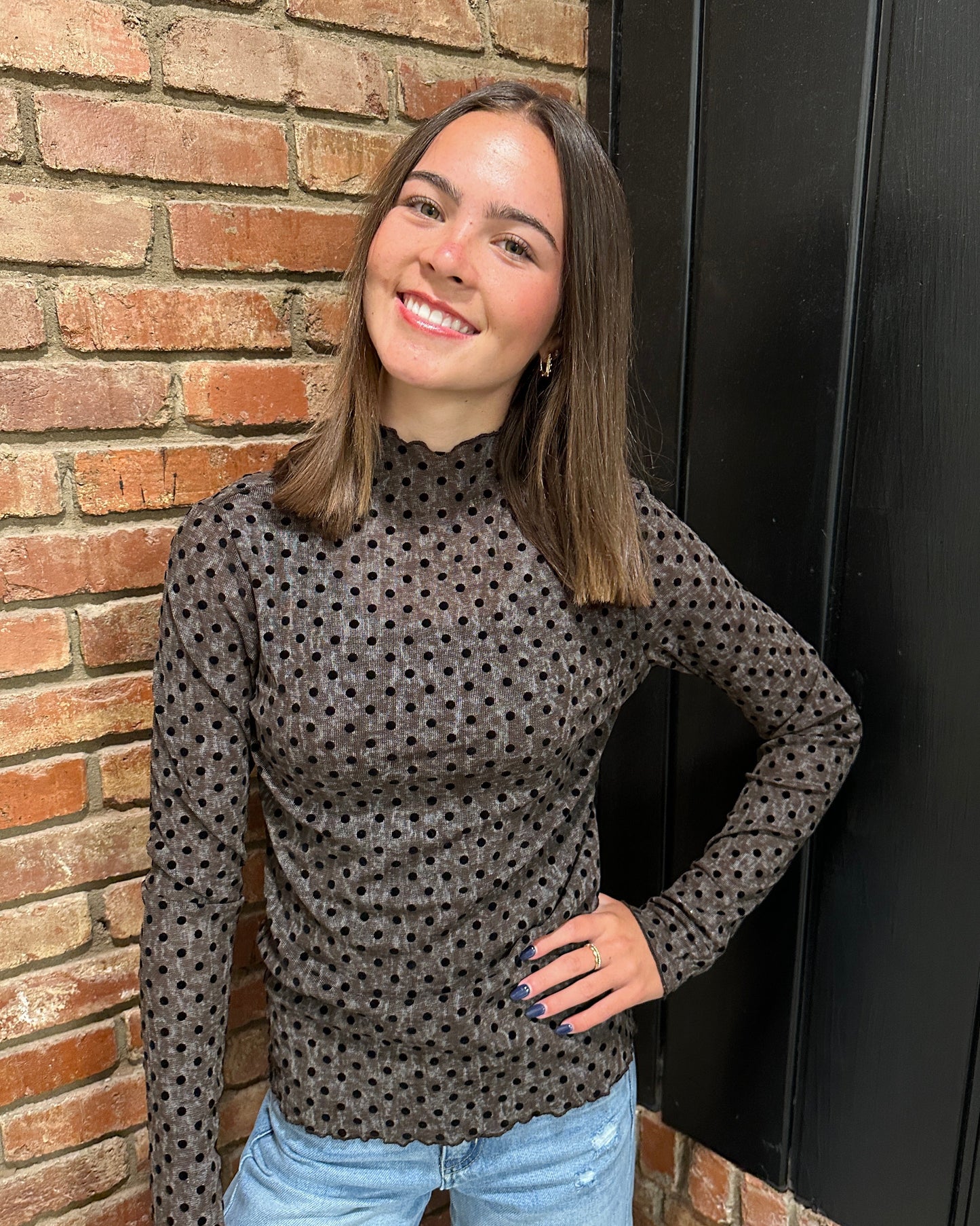 Polka Dot Mock Neck Long Sleeve Top