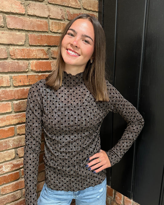 Polka Dot Mock Neck Long Sleeve Top